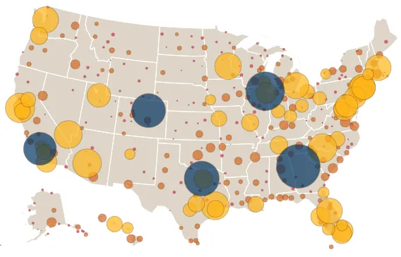 Map showing flight volume distribution across US airports